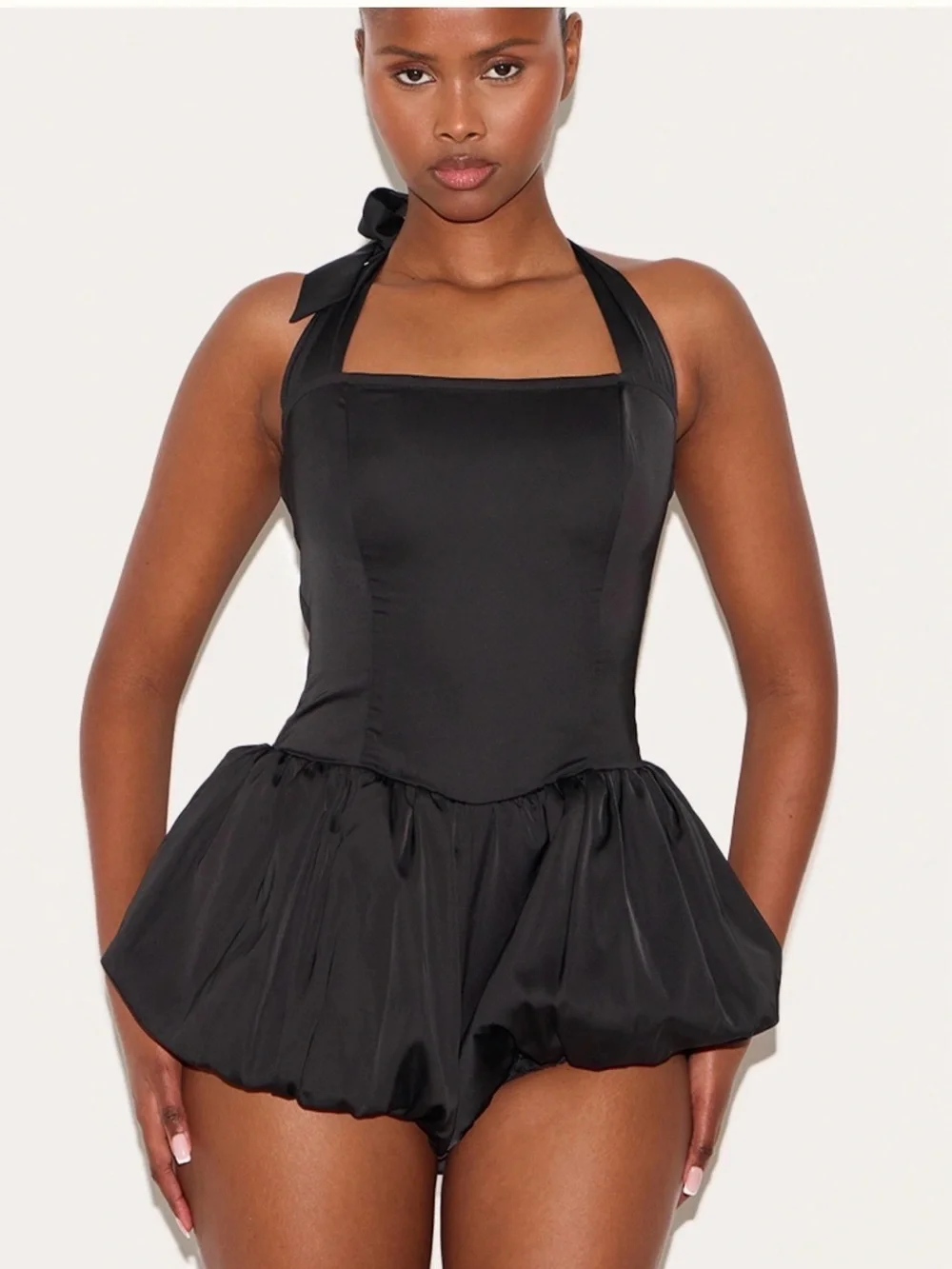 PrettyLittleThing Black Satin Halter Puffball Playsuit Romper Size 4 EUC So Cute